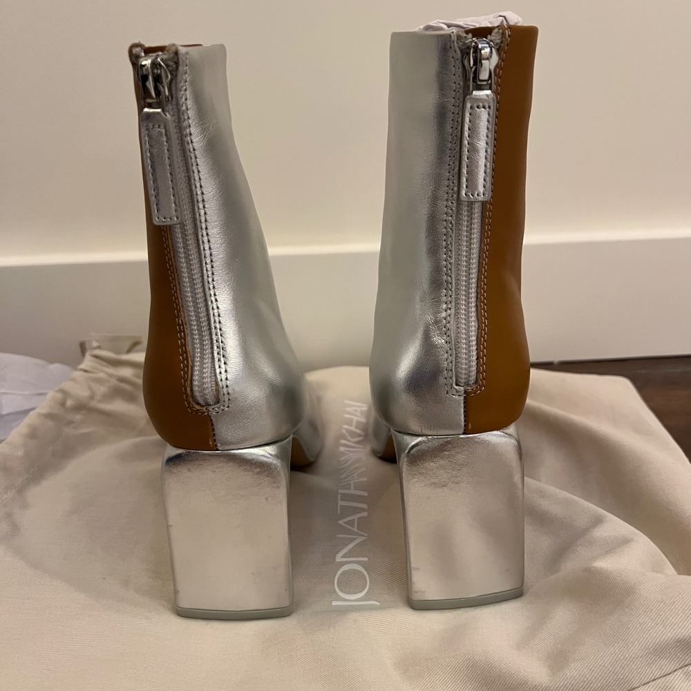 Jonathan Simkhai Silver Tan‎ Two Tone Leather Square Toe Block Heel Boots 36 - Picture 4 of 5